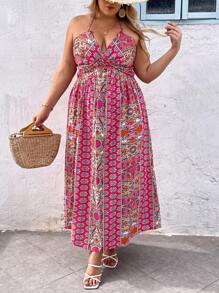 SHEIN VCAY Vestido casual con cuello de halter con nudo delantero y estampado floral para mujer de talla grande para vacaciones