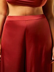 Hauture Summer Women Outfit, Women Clothes, Women Plus Size Burgundy Satin Solid Color Loose Simple Design Long Wide Pants, Casual Daily Wear, Women Pants, Wide Leg Pants. For Date Night, Concerts, Performances, Parties, Clubs, Evening, Music Festivals