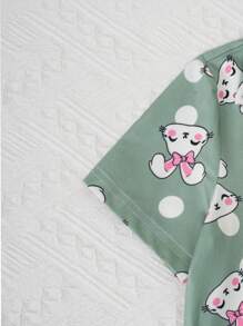 2pcs Young Girl' Cute Rabbit Print Casual Open Front Collared Short Sleeve Top And Shorts Loungewear Set - Green - View 4