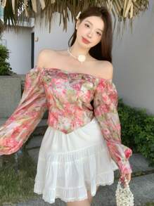 DAZY 1件女款花卉印花露肩長燈籠袖上衣，度假夏季長袖襯衫，波希米亞風外出上衣 - 粉色 - 查看 3