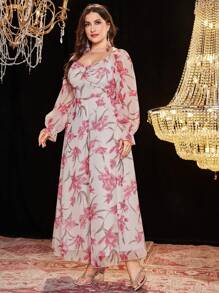 Modelyn Plus Size Women Lantern Sleeve Pleated Wrap Chest Elastic Waist Gathered Elegant Romantic Floral Print Chiffon Dress, Spring And Summer - Multicolor - View 4