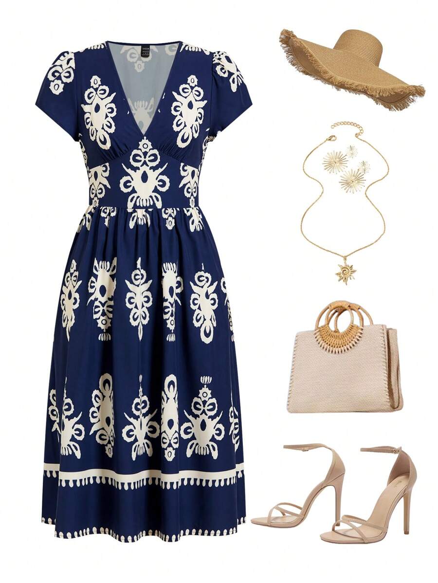 Ellevyn Vacation Outfits Woman,Summer Elegant Women's Short Sleeved Dress With Print V-Neck Cinched Waist And A-Line Back, Suitable For Various Occasions,V-Neck Ruffle Trim Cap Sleeve Drawstring Waist Flounce Hem A-Line Casual Vacation Dress For Women,Boho Dress - Multicolor - View 1