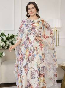 Modelyn Plus Size Floral Print Chiffon Elegant Dress - Multicolor - View 4