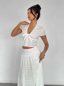 SHEIN Essnce 女士纯色刺绣短袖衬衫，V 领蕾丝拼布乡村法式风格上衣，春夏 - 白色 - 查看 4