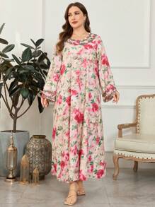 Al Najma Plus Size Arab Women's Fashionable Elegant Printed Long Robe With Long Sleeve Kaftan Jalabiya Dress - Pink - View 1