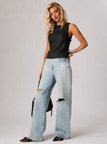 SHEIN Forever 21 女士休闲纯色侧开衩系带无袖衬衫 - 黑色 - 查看 6