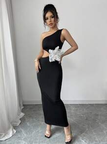 Elenzga Vestido ajustado con perlas caladas y escamas, vestido de punto floral bordado glamoroso de longitud hasta el suelo