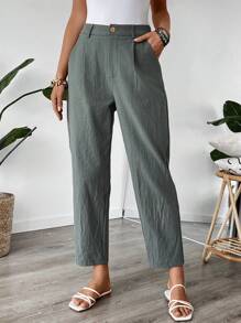 EMERY ROSE Women Solid Color Pleated Straight Leg Casual Pants - Green - View 5