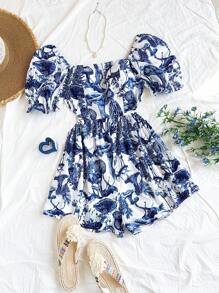 Soleia 女士度假休闲全印花泡泡袖连体衣海滩度假服装女士春夏服装西部音乐节波西米亚假日波西米亚风 - 彩色 - 查看 1