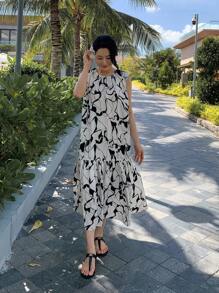 DAZY Vestido largo y holgado sin mangas elegante para mujeres, estilo de vacaciones con diseño floral - Blanco y Negro - Ver 5