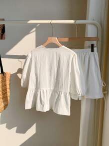 SHEIN Comfortcana 2 件套白色编织系带短袖女式衬衫和短裤 - 白色 - 查看 2