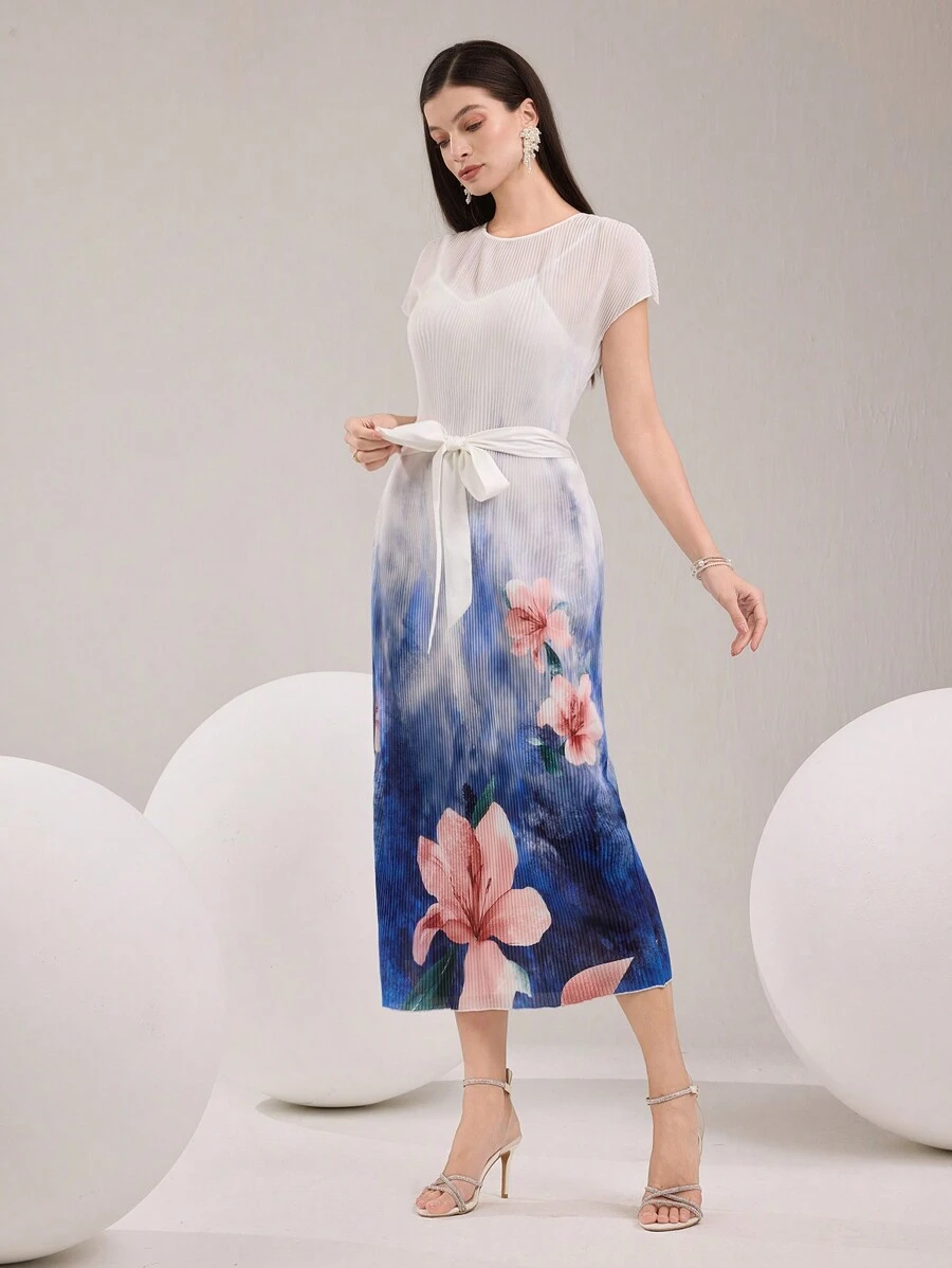 Modelyn Damen Blumen-Druckkleid mit rundem Ausschnitt und Kurzarm, elegantes langes Kleid - Blau - Übersicht 1