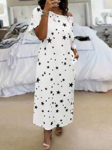 SHEIN LUNE Plus Size Casual Star & Moon Print Black & White Short Sleeve Loose Long Dress - White - View 5