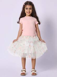 SUMWON Girls Summer Floral Tutu Set Baby Tee Mesh Skirt Outfit Daisy Print Easter Spring Party Special Occasion Tea Party Dress Set Ballet Dance - Pink - View 8