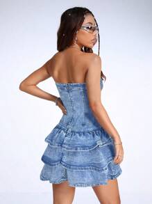 K-Vae Y2K Style Blue Stretch Tube Top Bodycon Mini Denim Dress For Women