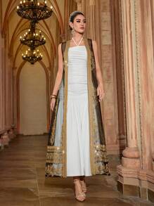 Al Najma 女式拼布丝带和网眼无袖外套和挂脖连衣裙阿拉伯风格套装 - 彩色 - 查看 5