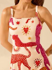 CAJUNI 女式休闲夏季波西米亚风热带对比动物印花吊带迷你连衣裙