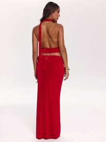 SHEIN BAE Bộ 2 món áo cổ xếp ly hở lưng gợi cảm và chân váy, thanh lịch khi hẹn hò, tiệc độc thân, khách dự tiệc cưới, ngày lễ, kỳ nghỉ ở bãi biển, mùa xuân/hè - Đỏ - Xem 2