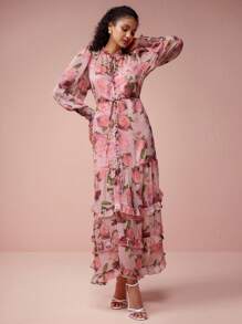 Enchnt Spring/Summer Romantic Women's Floral Print Ruffled Edge Tie Neck Multi-Layered Ruffled Hem Cuffs Dress, Sweet&Elegant For Valentine's Day&Holiday &Sweet Date Night&Daily&Vacation&Garden Parties - Pink - View 4