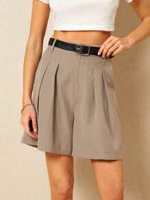 Poéselle Chic High-Waisted Pinstripe Shorts With Belt - Effortless Elegance For Any Occasion,High-Waisted Shorts, Pinstripe Fashion, Women's Tailored Shorts, Casual Chic Outfits, Stylish Summer Bottoms - Multicolor - View 5