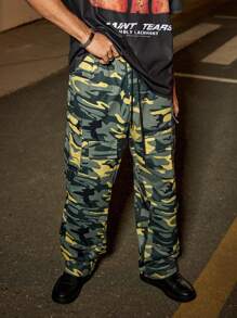 Manfinity Homme Men's Camouflage Print Cargo Pants With Drawstring Waist Camo Pants Men Baggy - Multicolor - View 4