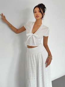 SHEIN Essnce 女士纯色刺绣短袖衬衫，V 领蕾丝拼布乡村法式风格上衣，春夏 - 白色 - 查看 5