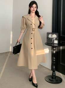 DAZY 女士长款风衣风格收腰中长连衣裙 - 卡其色 - 查看 4