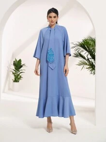 Al Najma 女士保守优雅亮片刺绣阿拉伯风格连衣裙 - 藍色 - 查看 2