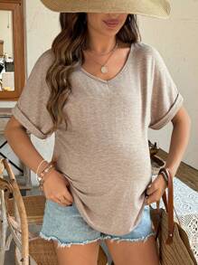 SHEIN Lace Patchwork Sunflower Design Maternity V-Neck T-Shirt - Khaki - View 5