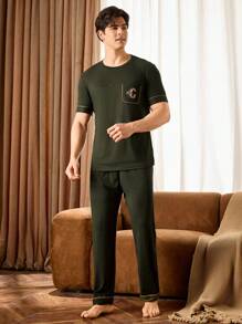 Manfinity Underwear&Sleepwear Basics 男士字母印花短袖睡衣套装 - 軍綠色 - 查看 4