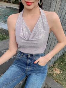 DAZY Women's Leopard Print Backless Fitted Elegant Sexy Halter Top, Summer Going Out Tops - Mauve Purple - View 3