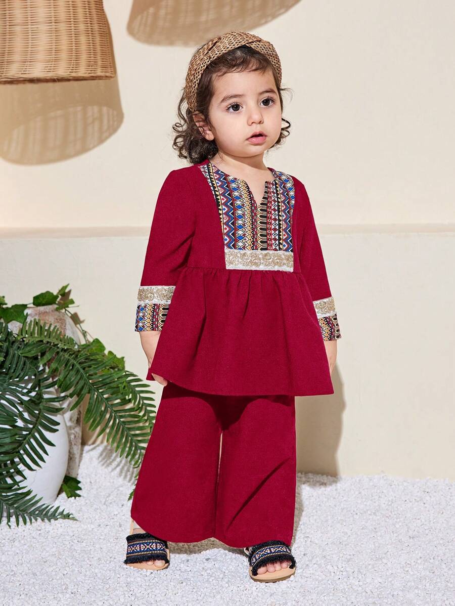 SHEIN Baby Girl Cute Retro Burgundy Long Sleeve Top & Elastic Waist Pants 2pcs Set, Spring/Summer