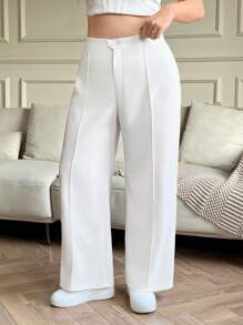 SHEIN EZwear 白色休闲纯色舒适针织女式直筒裤 - 白色 - 查看 2