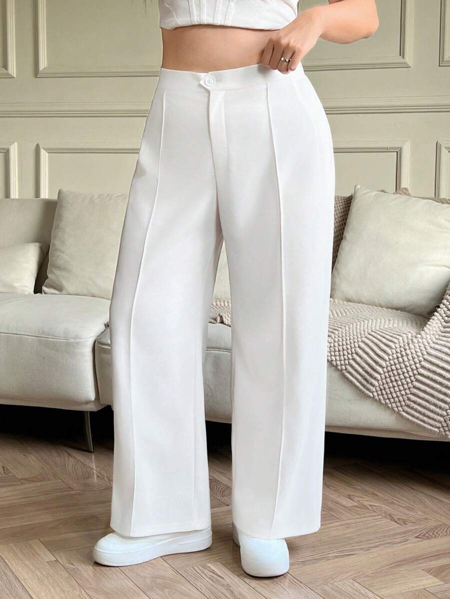 SHEIN EZwear 白色休闲纯色舒适针织女式直筒裤