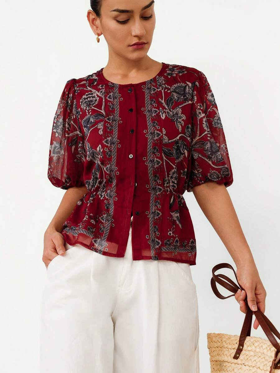 Frievida Elegant Round Neck Ditsy Floral Slim Fit Luxury Ladies Blouse - Multicolor - View 1