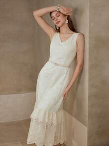 MOTF PREMIUM FLORAL EMBROIDERY RUFFLE TRIM DRESS - Beige - View 7