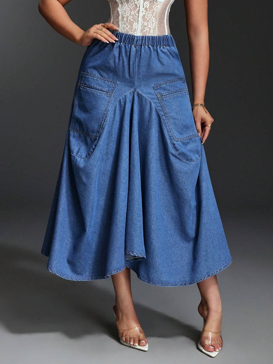SHEIN BAE Women's Elastic Waist Long Casual Denim A-Line Skirt - Blue - View 1