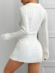 SHEIN EZwear Vestido de punto de línea A con cuello de polo y manga larga, de color liso y casual para mujer