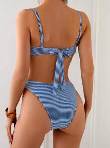 SHEIN Swim 2pcs Spring Break Women Striped Swimwear Set With Lace Decor, Beach Vacation Padded Push-Up Bikini Swimwear For Pool Party For Summer - Blue - View 3