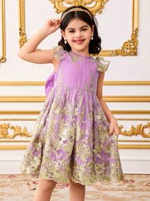 SHEIN Young Girl Woven Ruffled Fitted Dress Formal Outfit - Purple - View 4