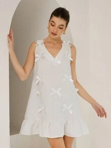 Aveloria Romantic Elegant French Sweetheart V-Neck Sleeveless Mini Dress With Bow Applique Ruffle Hem Patchwork All Over Print  For Summer - White - View 6