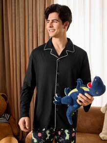 2pcs Men's Colorblock Trim Long Sleeve Top & Dinosaur Printed Long Pants Pajama Set, For Christmas - Black - View 4