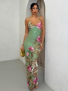 SHEIN BAE 夏季海滩度假优雅花卉图案印花荷叶边性感露背长裙，适合日常约会、夜间外出、夜总会、派对、聚会、鸡尾酒会、泳池派对、节日礼服 - 彩色 - 查看 2