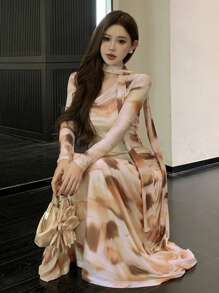 DAZY 女士扎染印花长袖褶皱优雅中长连衣裙舞会礼服优雅秋季连衣裙 - 黃色 - 查看 2