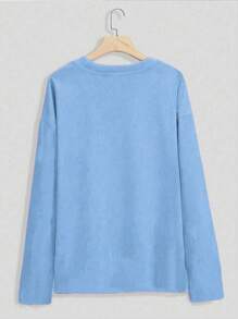 INAWLY Camiseta con bordado floral, escote caído y estampado gráfico para mujeres - Azul - Ver 2