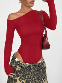 SHEIN EZwear Women Solid Color Asymmetrical Neck Long Sleeve Casual Bodysuit