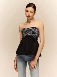 Poéselle Schwarzes besticktes Top, Sommer Top, Damen florales besticktes plissiertes Bandeau Top, modischer Stil