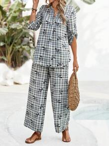 EMERY ROSE 2pcs/Set Solid V-Neck Short Sleeve Top And Allover Print Pants Leisure Vacation Outfit - Black and White - View 6