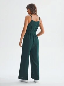 EMERY ROSE Women'S Adjustable Shoulder Strap Jumpsuit With Adjustable Drawstring Waistband - Dark Green - View 3