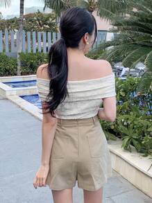 DAZY Women Off Shoulder Fitted One-Shoulder Short Sleeve Solid Color T-Shirt, Spring/Summer - White - View 2